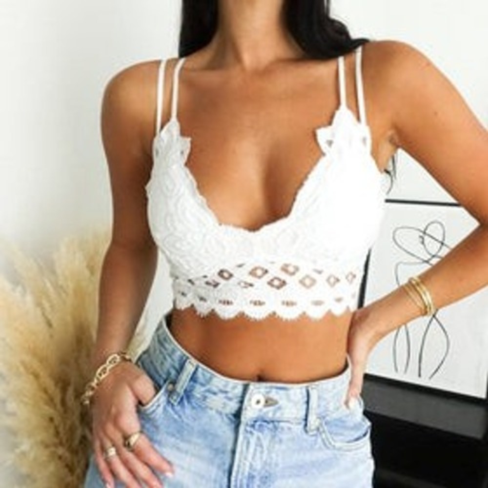 Rebellion Again Bralette XL Strappy Smocked Back Crop Top White Floral Lace NWOT